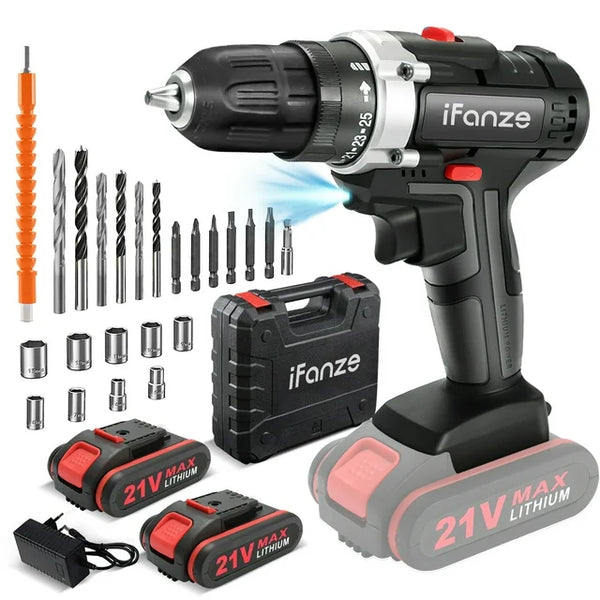 21V Cordless Drill With 2 Batteries And Accessories