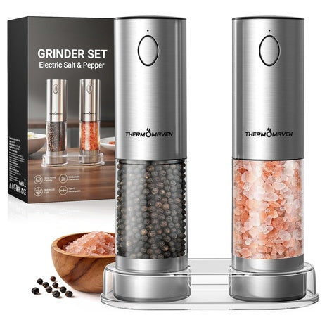 ThermoMaven Electric Rechargeable Salt & Pepper Grinder Set W/ LED Light (Stainless)