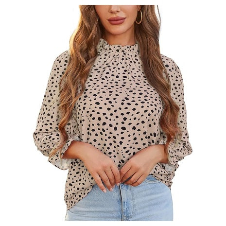 Ruffled Mock Neck Patterned Blouse (6 Colors)