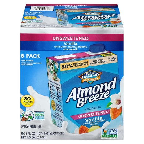 6 Cartons Almond Breeze Dairy Free Unsweetened Vanilla Almondmilk (32oz)