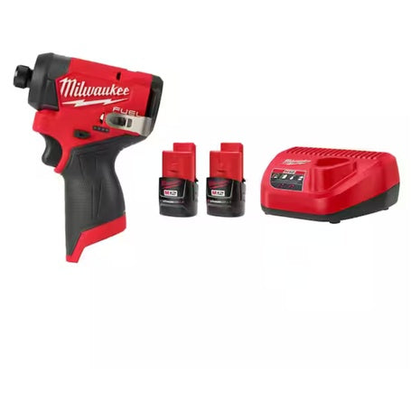 Milwaukee M12 FUEL 12V Lithium-Ion Brushless Cordless 1/4" Hex Impact Driver W/M12 Compact 2.0 Ah Battery (2-Pack) Starter Kit