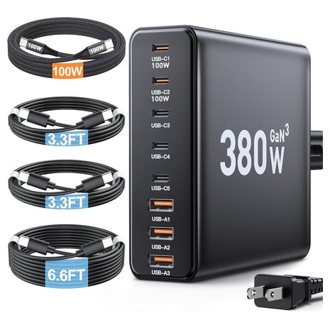 380W 8-Port USB C Charger Block With 4 USB-C Cables