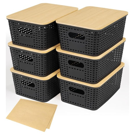6-Pack Plastic Storage Baskets With Bamboo Lid