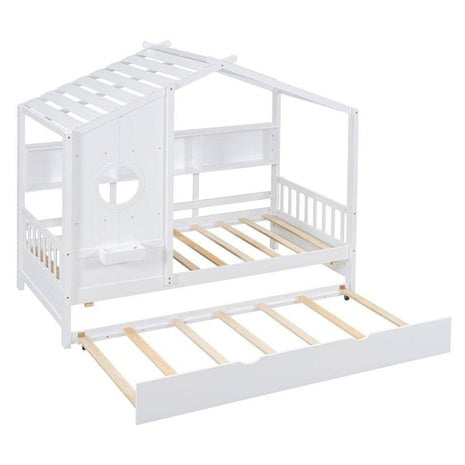 Nestfair Wood Frame Platform Bed W/Trundle & Storage Shlef