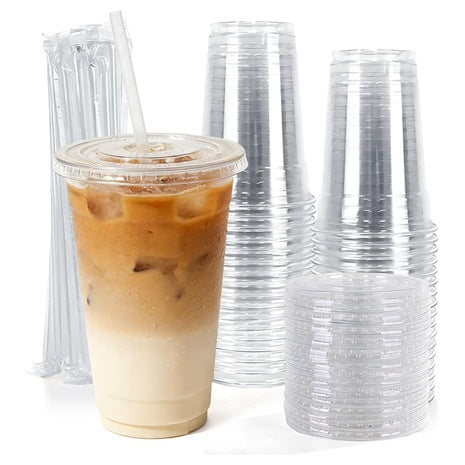 200 16oz Disposable Plastic Cups with Lids and Straws