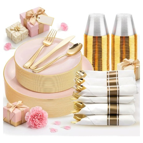 175-Piece Pink and Gold Plastic Plates Dinnerware Set