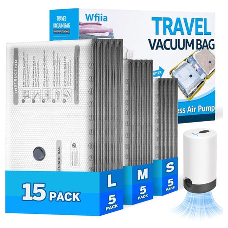 15-Pack Travel Vacuum Bags W/ Rechargeable Pump