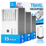 15-Pack Travel Vacuum Bags W/ Rechargeable Pump