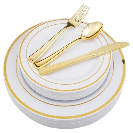 125 Piece Disposable White & Gold Dinnerware Set