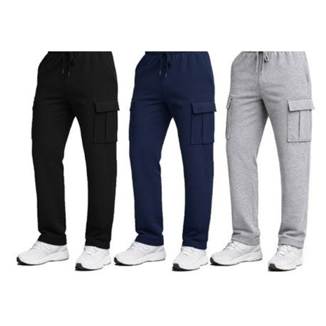 3-Pack Men's Soft Cotton Blend Open Bottom Cargo Sweatpants