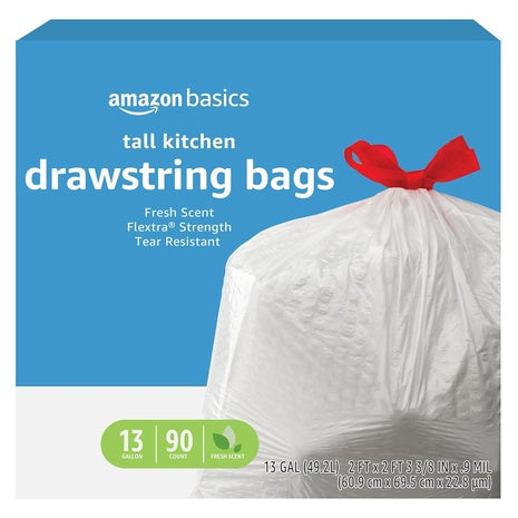 90 Amazon Basics Flextra 13 Gallon Tall Kitchen Drawstring Trash Bags, White, Fresh Scent