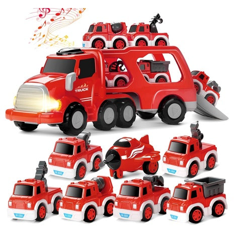 8-in-1 Fire Truck Carrier with Pull-Back Toys