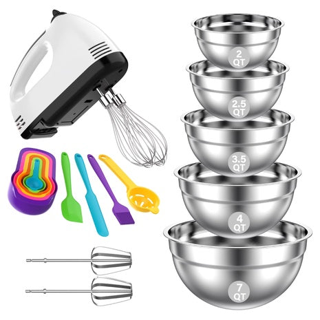 Tinana 7-Speed Electric Hand Mixer W/ 5-Piece Mixing Bowls & Accessories