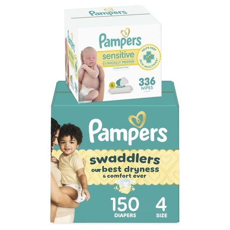 Size 4 Pampers Swaddlers, 150 Diapers + 336 Wipes