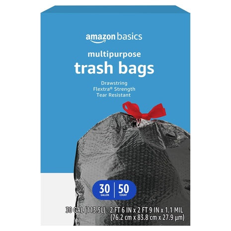 50-Count Amazon Basics Flextra Multipurpose Drawstring Trash Bags