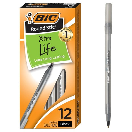 12-Count BIC Round Stic Xtra Life Ballpoint Pen (Medium Point)