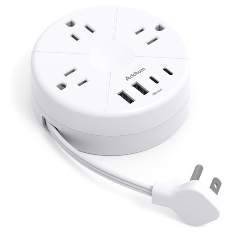 Addtam 7-in-1 Travel Power Strip W/ 3 Outlets, 4 USB & Retractable Cord W/ Flat Plug
