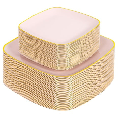 100 Pink & Gold Disposable Square Plates