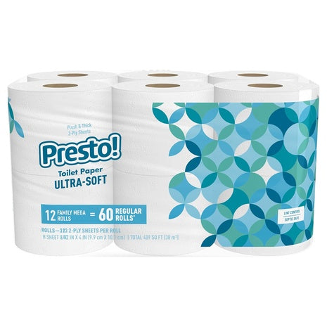 12-Mega Rolls Presto! 2-Ply Ultra-Soft Toilet Paper