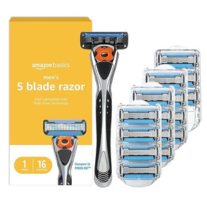 Amazon Basics Men's 5-Blade MotionSphere Razor Handle w/ 16 Cartridges & Dual Lubrication & Precision Trimmer