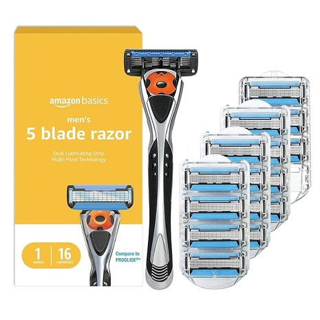 Amazon Basics Men's 5-Blade MotionSphere Razor Handle w/ 16 Cartridges & Dual Lubrication & Precision Trimmer