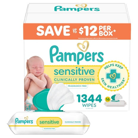 16 Flip-Top Packs Pampers Sensitive Baby Wipes (1,344 Wipes)