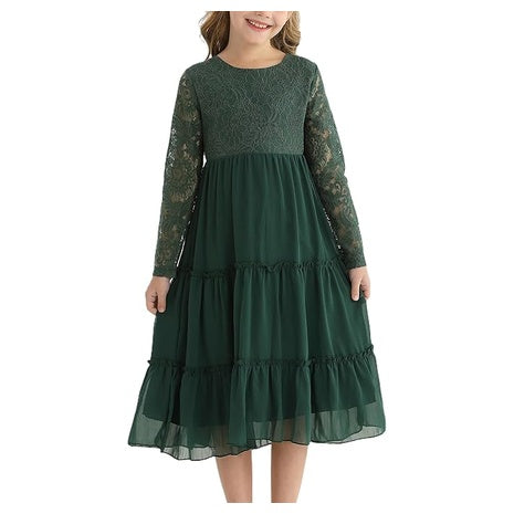 Girls' Long Sleeve Lace Dress Size 5-11 Years (3 Colors)