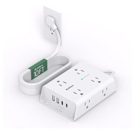 10ft Flat Plug Power Strip with 8 Outlets & 4 USB Ports