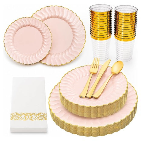175-Piece Pink and Gold Plastic Plates Set