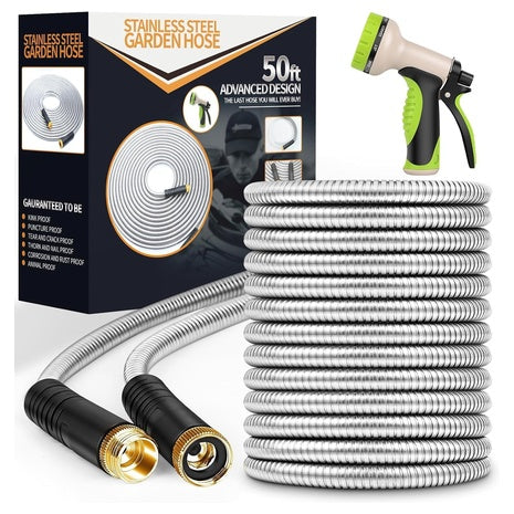 50-Ft Stainless Steel Garden Hose With Nozzle