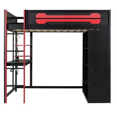 Red Full Wood LED Loft Bed With Desk