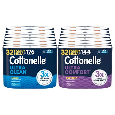 32 Family Mega (=176 Reg) Rolls of Cottonelle Toilet Paper