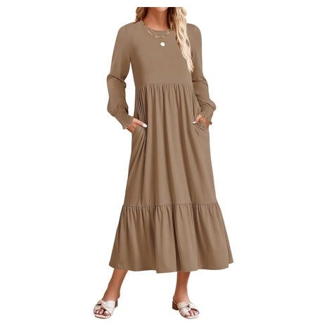 Women's Long Sleeve Tiered Midi Dress with Pockets (13 Colors)