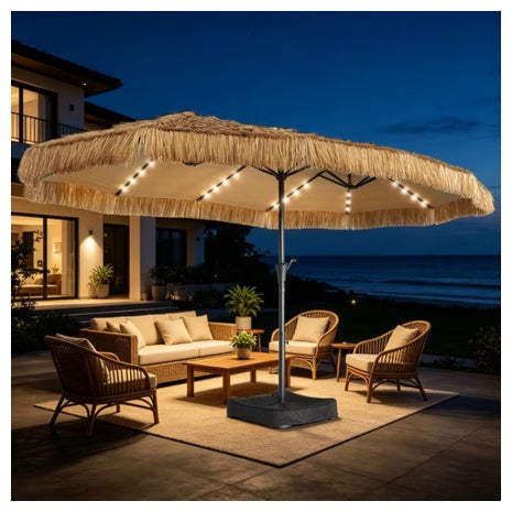 Ainfox 15ft Large Thatched Tiki Patio Umbrella W/Lights And Sandbags