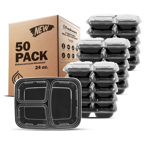 50-Pack 3-Compartment Meal Prep Containers