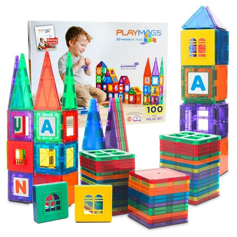 100-Piece Playmags Magnetic Tiles Building Blocks Set