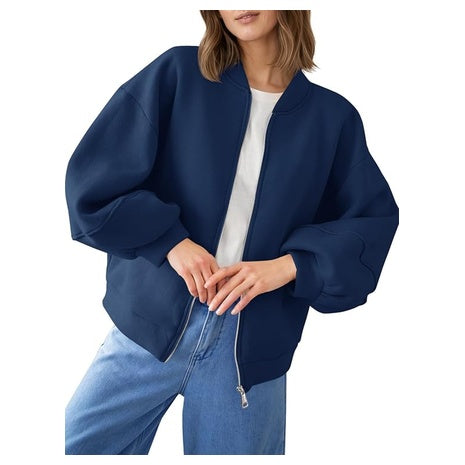 Women's Zip Up Sweatshirt Lantern Sleeve Bomber Oversized Jacket
