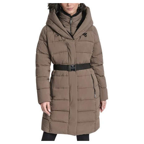 DKNY Women's Belted Asymmetrical Zip Front Puffer Coat