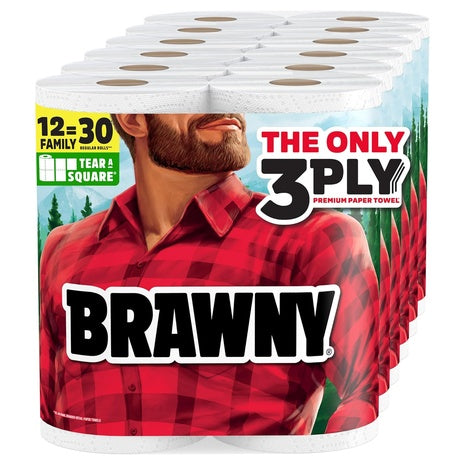 12 XL Family Rolls Brawny Tear-A-Square 3-Ply Paper Towels