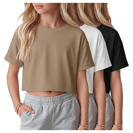 3-Pack Girls Crop Tops, 3-Color, 5-14 Years (Various)