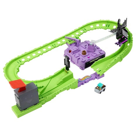 Hot Wheels RacerVerse Minecraft Toy Car Track Set w/ Die-Cast Steve Minecart Diamond Armor Vehicle