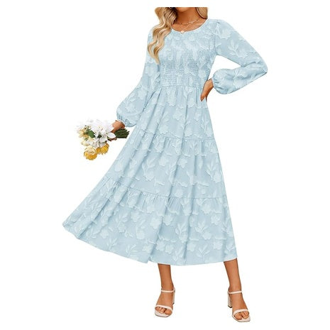 Women's Smocked Top Balloon Sleeved Long Dress (9 Colors)