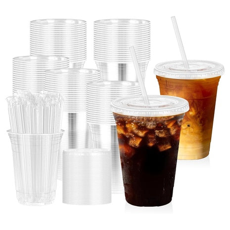 100 16oz Clear Plastic Cups with Lids & Straws
