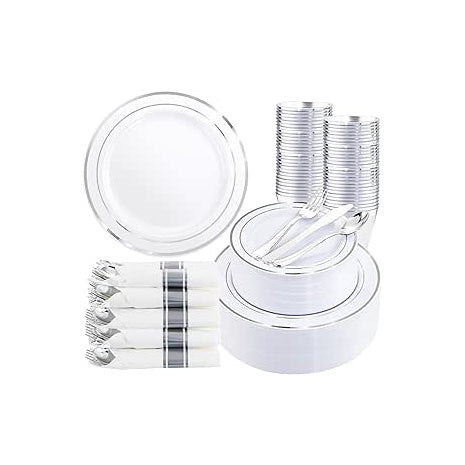 350-Piece Silver Plastic Dinnerware Set for 50 Guests