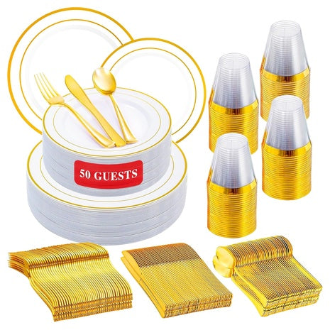 300-Piece White & Gold Disposable Dinnerware Set
