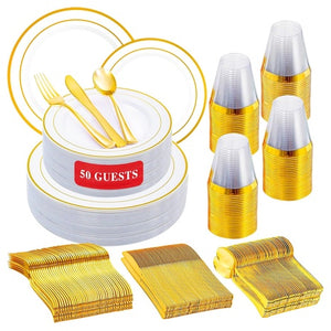 300-Piece White & Gold Disposable Dinnerware Set