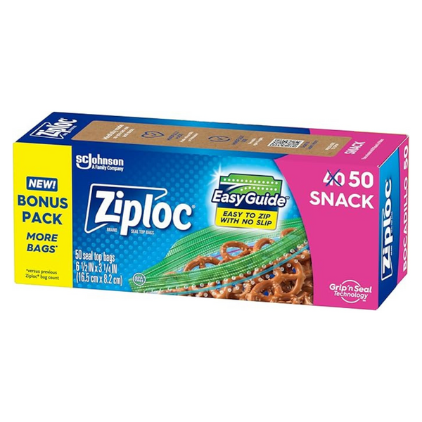 50-Count Ziploc Snack Bags With Grip 'N Seal Technology & EasyGuide Texture