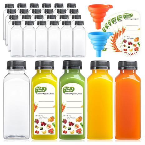 12 Pack Reusable 12 OZ Plastic Juice Bottles with Caps
