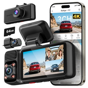 RedTiger F17 4K UHD 3-Channel Dash Camera w/ 5GHz WiFi, Integrated GPS & 64GB Card