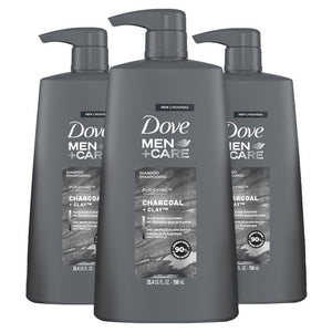 3 Dove Men+Care Charcoal + Clay Shampoo Bottles